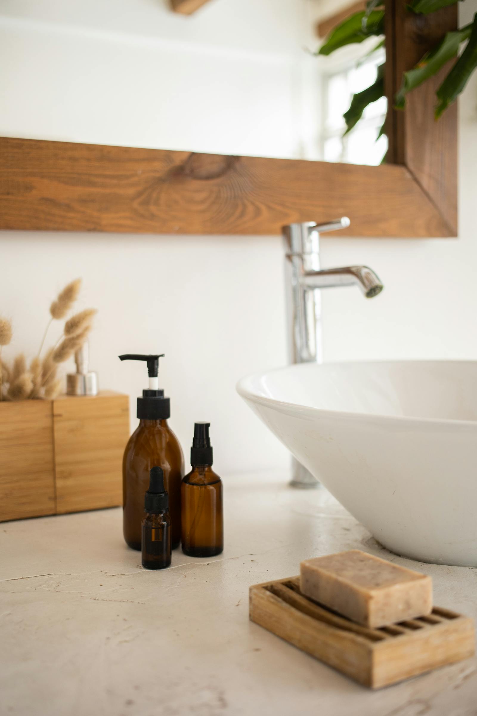 Bathroom shelf with azelaic acid serum among rosacea and acne skincare products