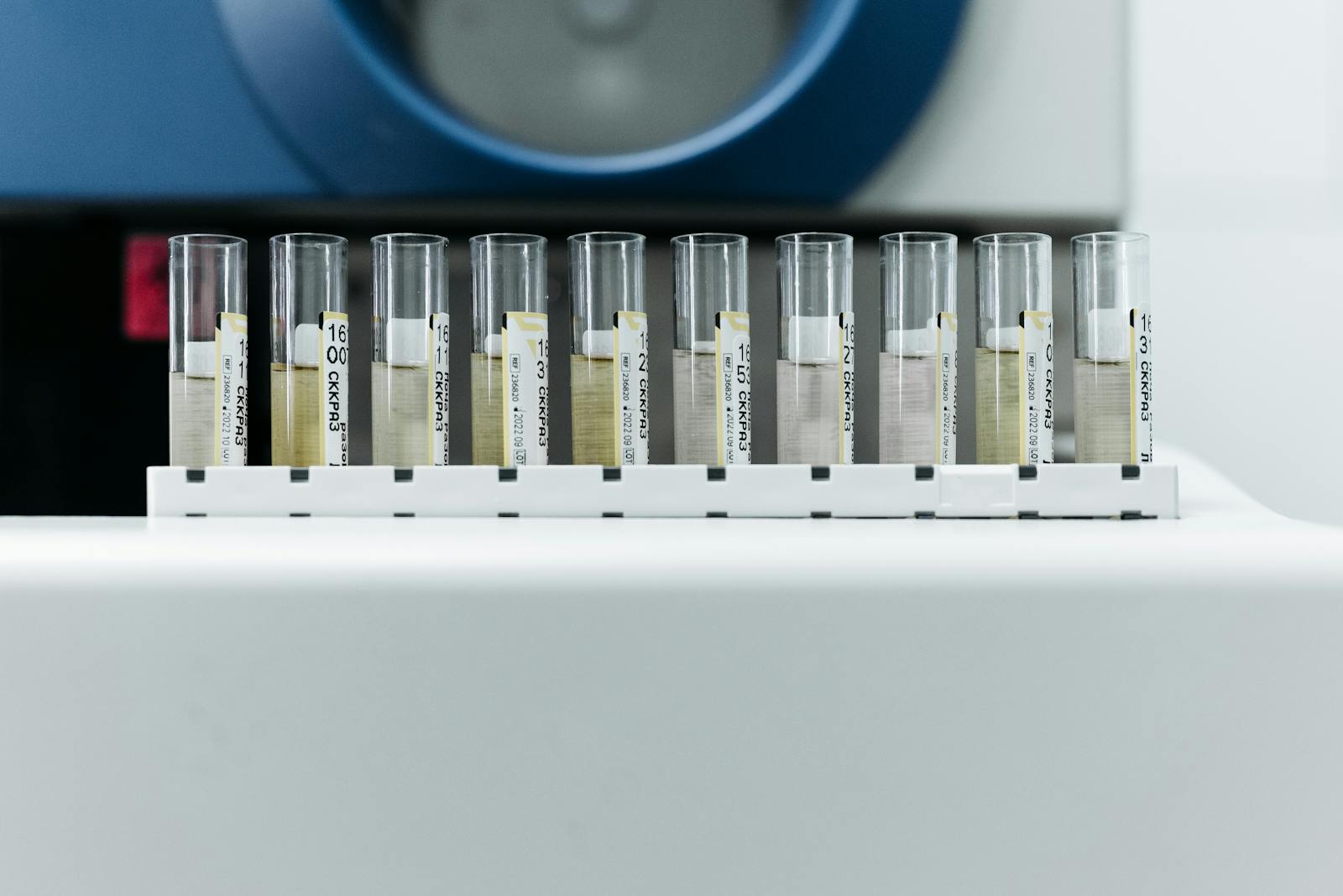 Row of labeled laboratory test tubes representing the ECHA review and chemical testing behind the EU's universal PFAS restriction